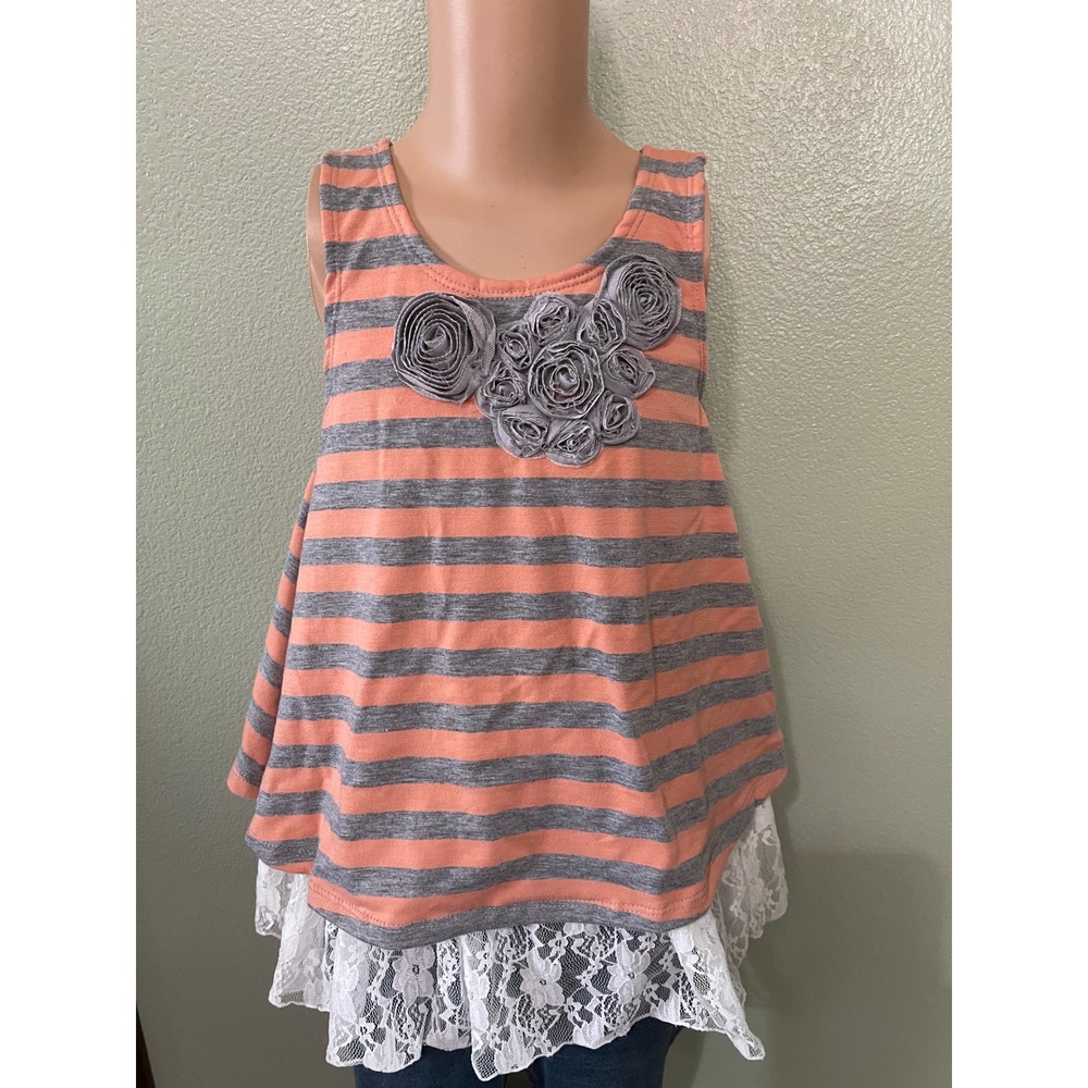 Pippa & Julie kids Girl's Orange & Gray Striped Kids Top With Lace Detail Sz 5